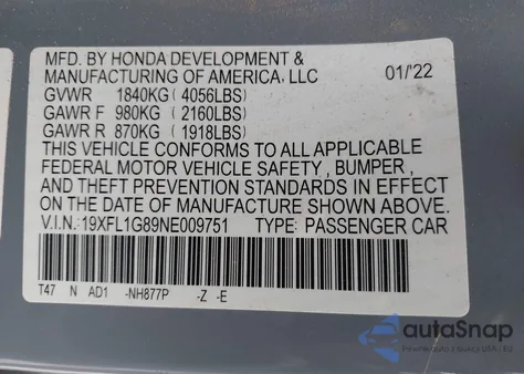 2022 Honda Civic Sport Touring из США, поврежденный, VIN 19XFL1G89NE009751